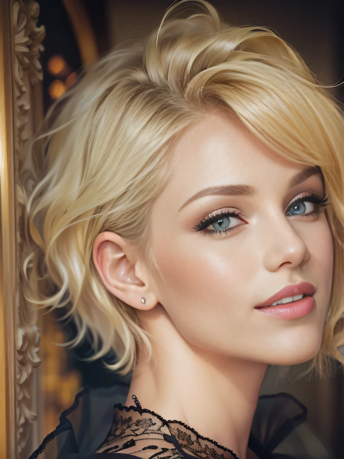 blonde woman with green eyes and a black top posing for a picture, blonde short hair, blonde and attractive features, short blonde hair, short blond hair, blonde hair and green eyes, blonde hair green eyes, short wavy blond hair, a gorgeous blonde, short curly blonde haired girl, a girl with blonde hair, short hair with gel, beautiful face and flawless skin