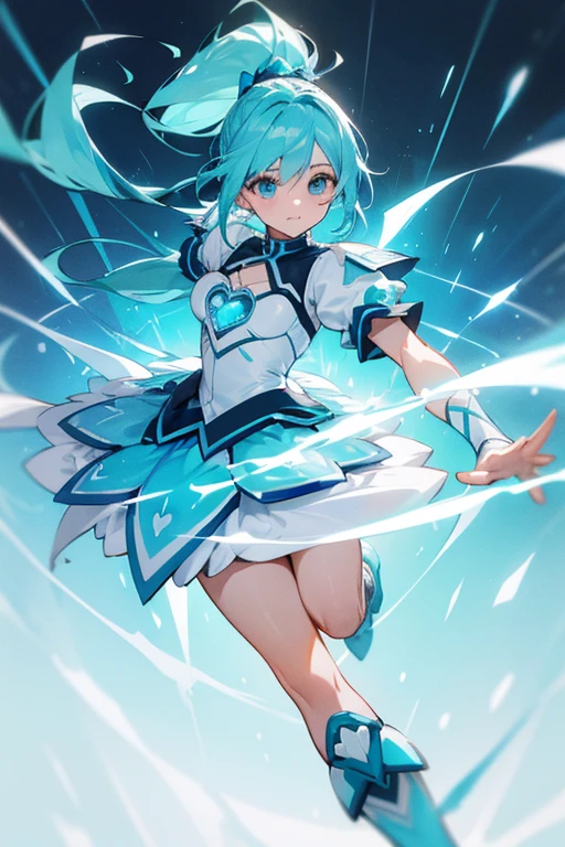 cure aqua(light blue hair, long ponytail, white battle costume, heart decoration on chest, light blue boots)