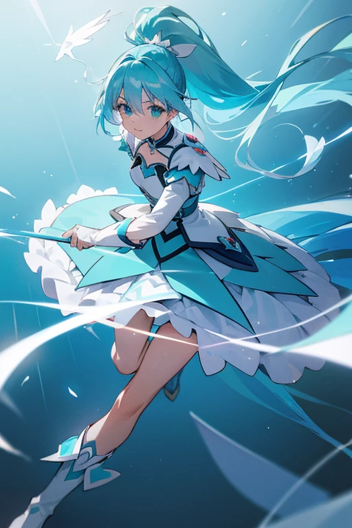 cure aqua(light blue hair, long ponytail, white battle costume, heart decoration on chest, light blue boots)