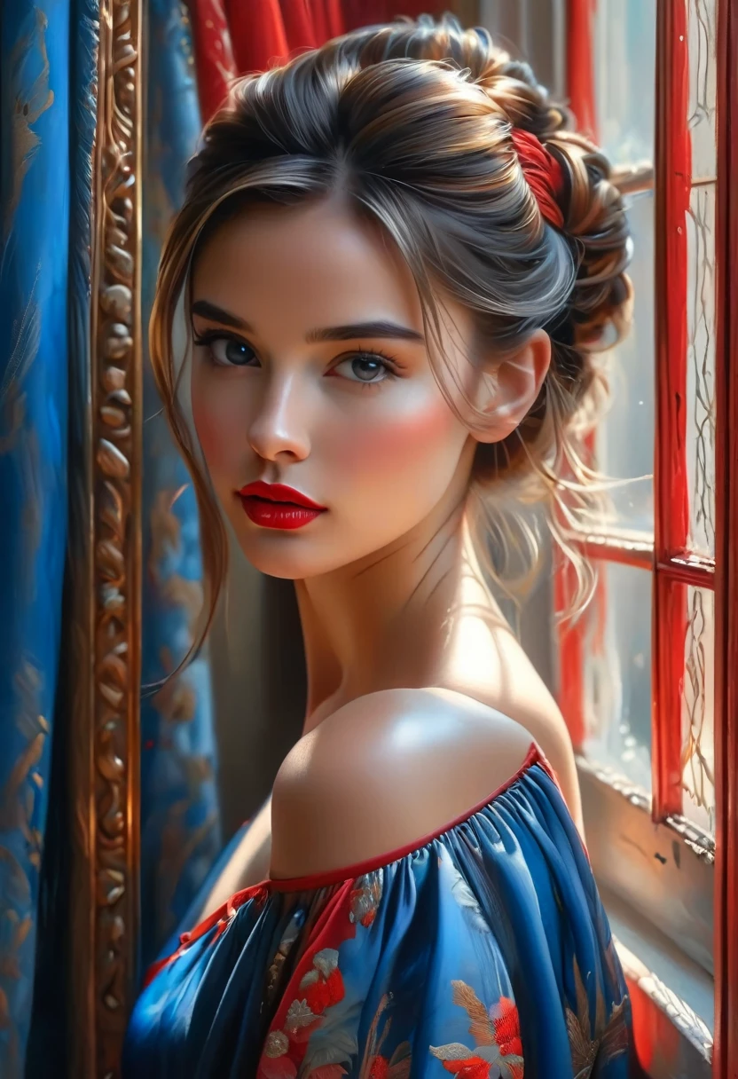 (Best Quality, 4K, 8K, High Resolution, Masterpiece: 1.2), (Super Detailed, Realistic, Photorealistic:1.37)A captivating young girl, donning a striking ensemble of red and blue, stands before a window with an air of toughness and determination. Her enchanting eyes are exquisitely detailed, capturing every glimmer and depth, while her lips boast a meticulous beauty that is both captivating and alluring. The level of detail extends to her entire face, each contour and feature meticulously rendered to perfection, creating a sense of hyper-realism that draws the viewer in. 

The girl's attire, reminiscent of oil painting art, is a work of art in itself. The fabric, skillfully crafted to resemble vibrant brushstrokes, adds a touch of dynamism to her overall appearance. It is a true reflection of the artist's talent, showcasing a mastery, (NSFW:1.5), Chignon hairstyle, beautiful nipples