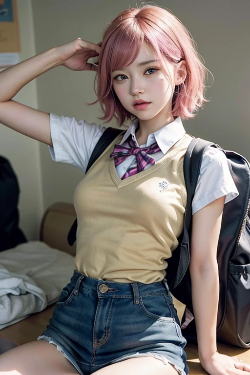 (8k, Highest quality, masterpiece: 1,2), (Realistic, The photo is real: 1.37), Super Detail, One Girl, ), (Very detailed), (Beautiful attention to detail), (Highest quality ), (Super Detailed), (masterpiece), (Detailed face), 20-year-old, 1 girl, whole body, Pink Hair, Very short hair, Medium chest, Fully clothed, Perfect lighting, Focus on pussy and breasts, View your viewers, Excited face, hair ornaments, Hair Clip, Sweater vest, white shirt, Backpack, bag, Downward, shirt, Short sleeve, uniform, Go to school, On the way to school