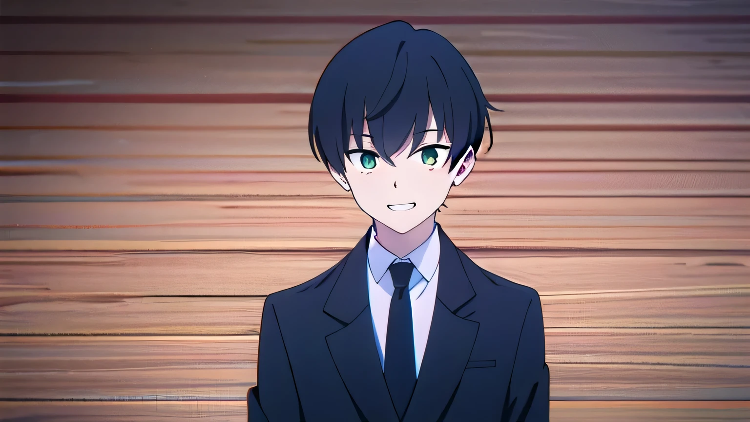  1boy, man,solo, black hair, red highlight, green eyes, bob hair, black suit, red tie, smiley, precise, Anatomically correct,