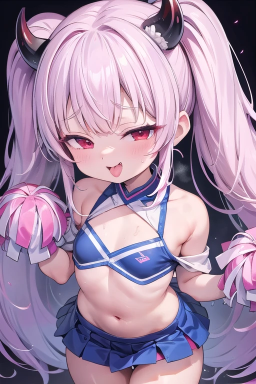 独奏,cheerleader with Cheerleader's pom-poms ,wearing a pink cheerleading uniform, gymnasium、Whole body、(looking back over their shoulder), Young face、long silver Hair、long Twin tails、Spoiled brat、Immature body、（Small breasts）、smile、Sweat、（Thick thighs:1.5)、（little demon horns and tail）、red  eyes、Backwards、looking at viewer、Open mouth、double teeth、fang、blushing and sticking out her cute tongue, tongue out、sensational、Back view, Character portrait, （gymnasium）、（school）、whole body