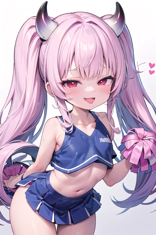 独奏,cheerleader with Cheerleader's pom-poms ,wearing a pink cheerleading uniform, gymnasium、Whole body、(looking back over their shoulder), Young face、long silver Hair、long Twin tails、Spoiled brat、Immature body、（Small breasts）、smile、Sweat、（Thick thighs:1.5)、（little demon horns and tail）、red  eyes、Backwards、looking at viewer、Open mouth、double teeth、fang、blushing and sticking out her cute tongue, tongue out、sensational、Back view, Character portrait, （gymnasium）、（school）、whole body