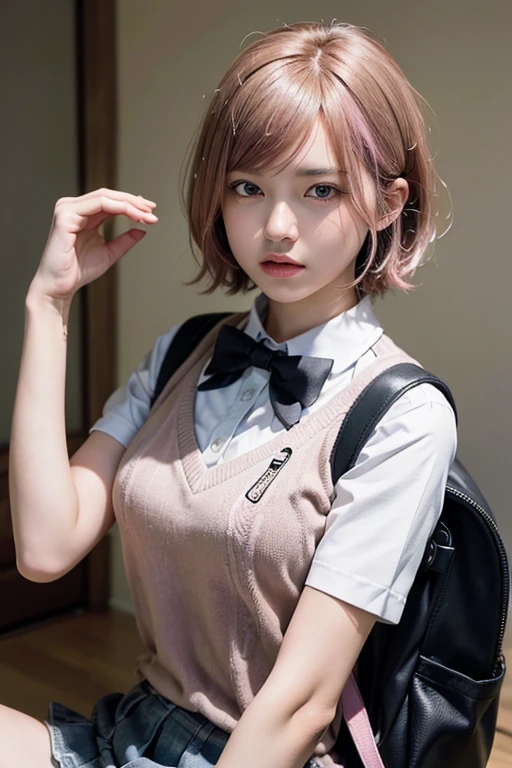 (8k, Highest quality, masterpiece: 1,2), (Realistic, The photo is real: 1.37), Super Detail, One Girl, ), (Very detailed), (Beautiful attention to detail), (Highest quality ), (Super Detailed), (masterpiece), (Detailed face), 20-year-old, 1 girl, whole body, Pink Hair, Very short hair, Medium chest, Fully clothed, Perfect lighting, Focus on pussy and breasts, View your viewers, Excited face, hair ornaments, Hair Clip, Sweater vest, white shirt, Backpack, bag, Downward, shirt, Short sleeve, uniform, Go to school, On the way to school