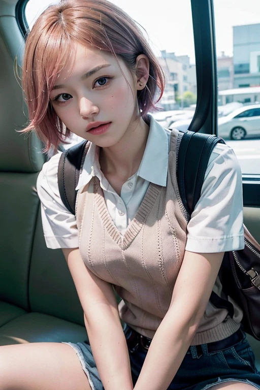 (8k, Highest quality, masterpiece: 1,2), (Realistic, The photo is real: 1.37), Super Detail, One Girl, ), (Very detailed), (Beautiful attention to detail), (Highest quality ), (Super Detailed), (masterpiece), (Detailed face), 20-year-old, 1 girl, whole body, Pink Hair, Very short hair, Medium chest, Fully clothed, Perfect lighting, Focus on pussy and breasts, View your viewers, Excited face, hair ornaments, Hair Clip, Sweater vest, white shirt, Backpack, bag, Downward, shirt, Short sleeve, uniform, Go to school, On the way to school