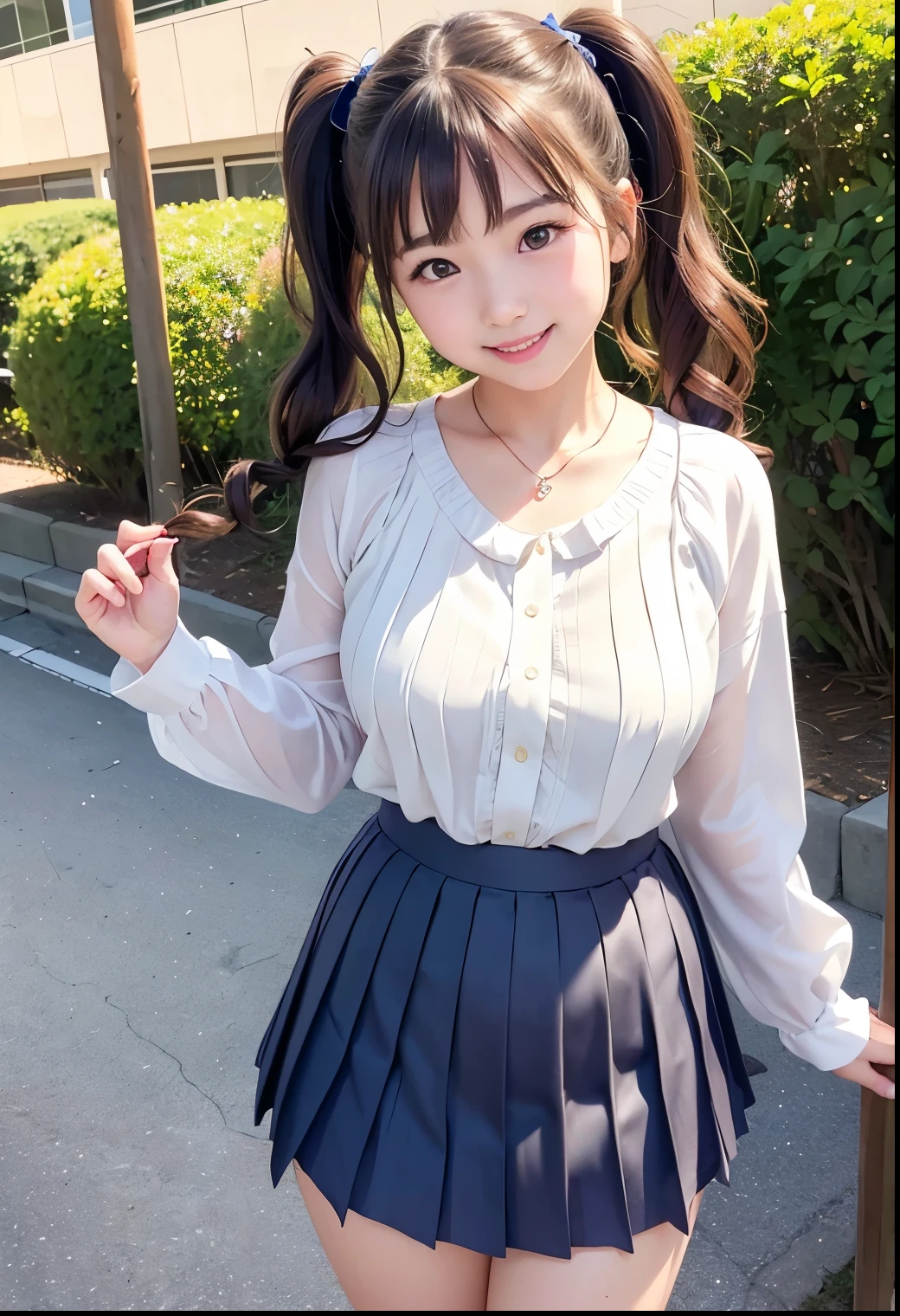 (Highest quality,masterpiece:1.3,Ultra-high resolution),(Very detailed、Caustics) (Realistic:1.4, RAW shooting、)Ultra-Realistic Capture、Very detailed、Natural skin texture、masterpiece、(A Japanese elementary school girl wearing a white blouse and pleated skirt:1.3)、Adorable expression、Expressions of happiness、、height: 140cm、Baby Face、Pure girl、Amazingly cute、Twin tail hairstyle、Curly Hair、ribbon、Black Hair、Large Breasts、Shining thighs、Shining ass、necklace、Sidewalk in a residential area、Background details、smile、An inviting gaze、(Anatomically correct)、Cowboy Shot、Attention to detail、