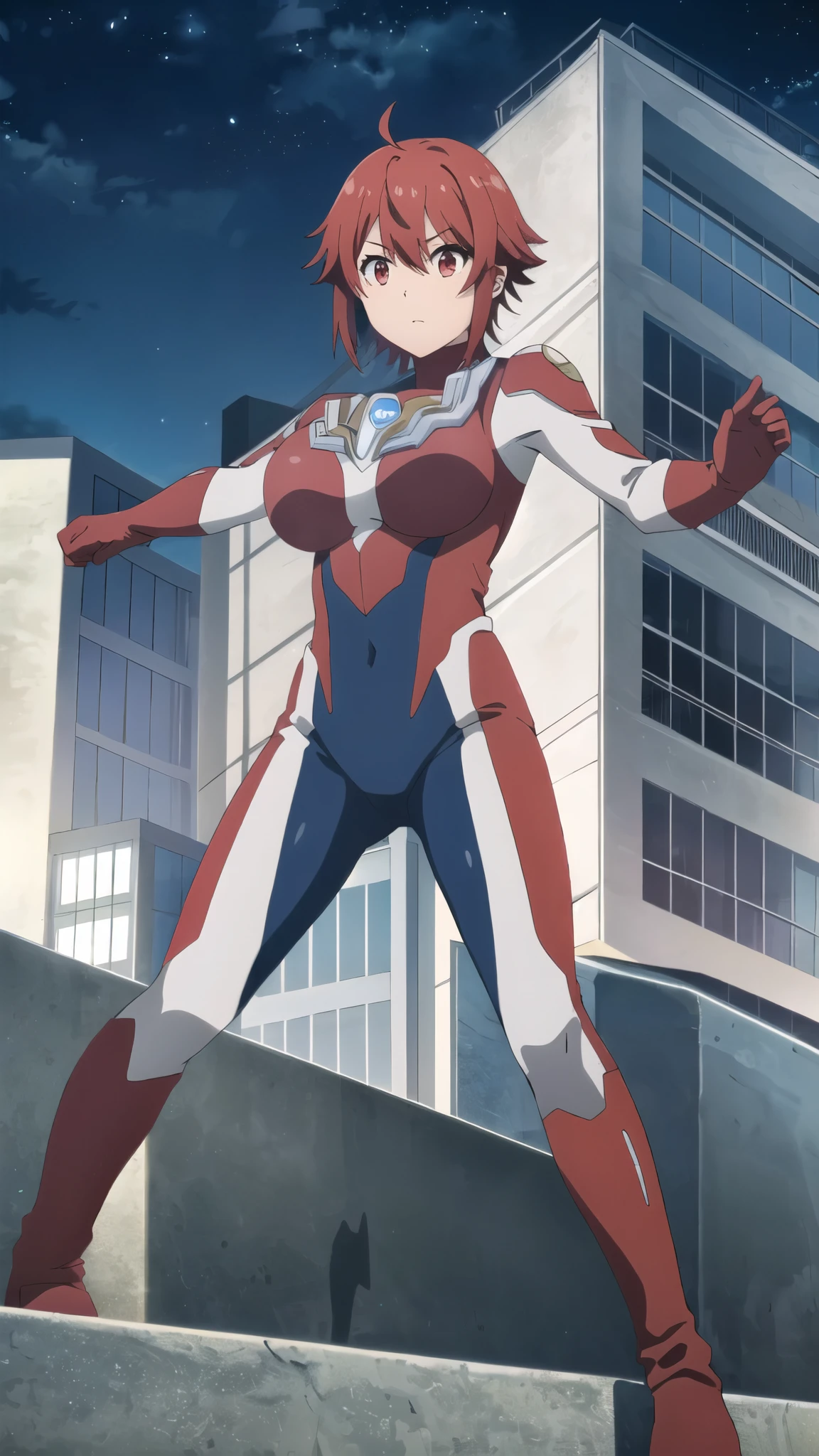 (Highest quality、masterpiece:1.2),Detailed face,Beautiful Face,(fine grain, Deep Eyes),One Girl,input, Redhead, Red eyes, short hair, Hair between the eyes, bangs, Large Breasts ,View your viewers、Combat Stance、Ultraman bodysuit、Hero Suit,Tight suit,(building:1.2)、Night view