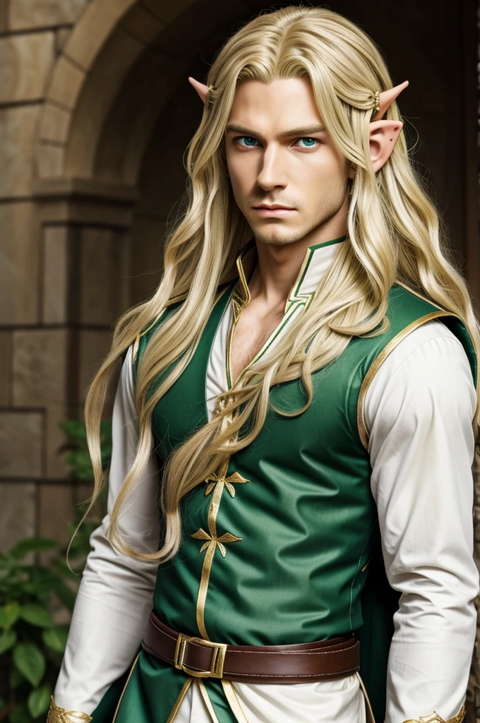 detailed anime style, a male elf with long blonde wavy hair, pale green eyes, dark brown skin, prince's clothes of white and yellow colors, with a serious face and a small frown 