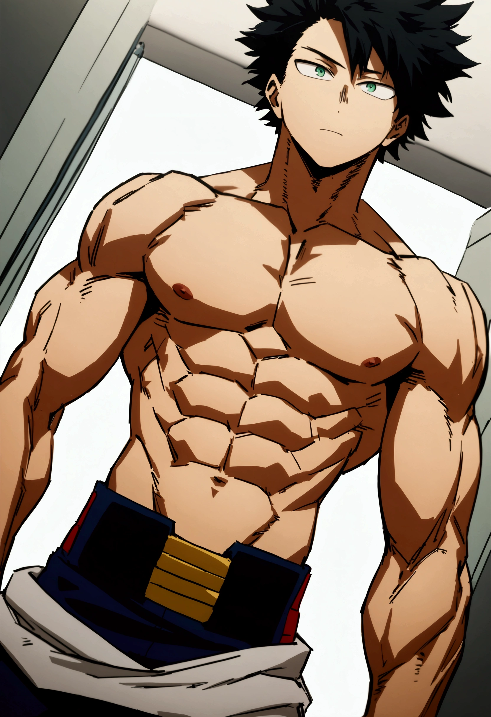 He is a 16 year old teenager, He has slightly disheveled very black hair..., somewhat light green eyes, (front angle ) , muscular body , He is dressed in the anime uniform. "my hero academia", without the shirt , showing off your abs and defined chest, dick