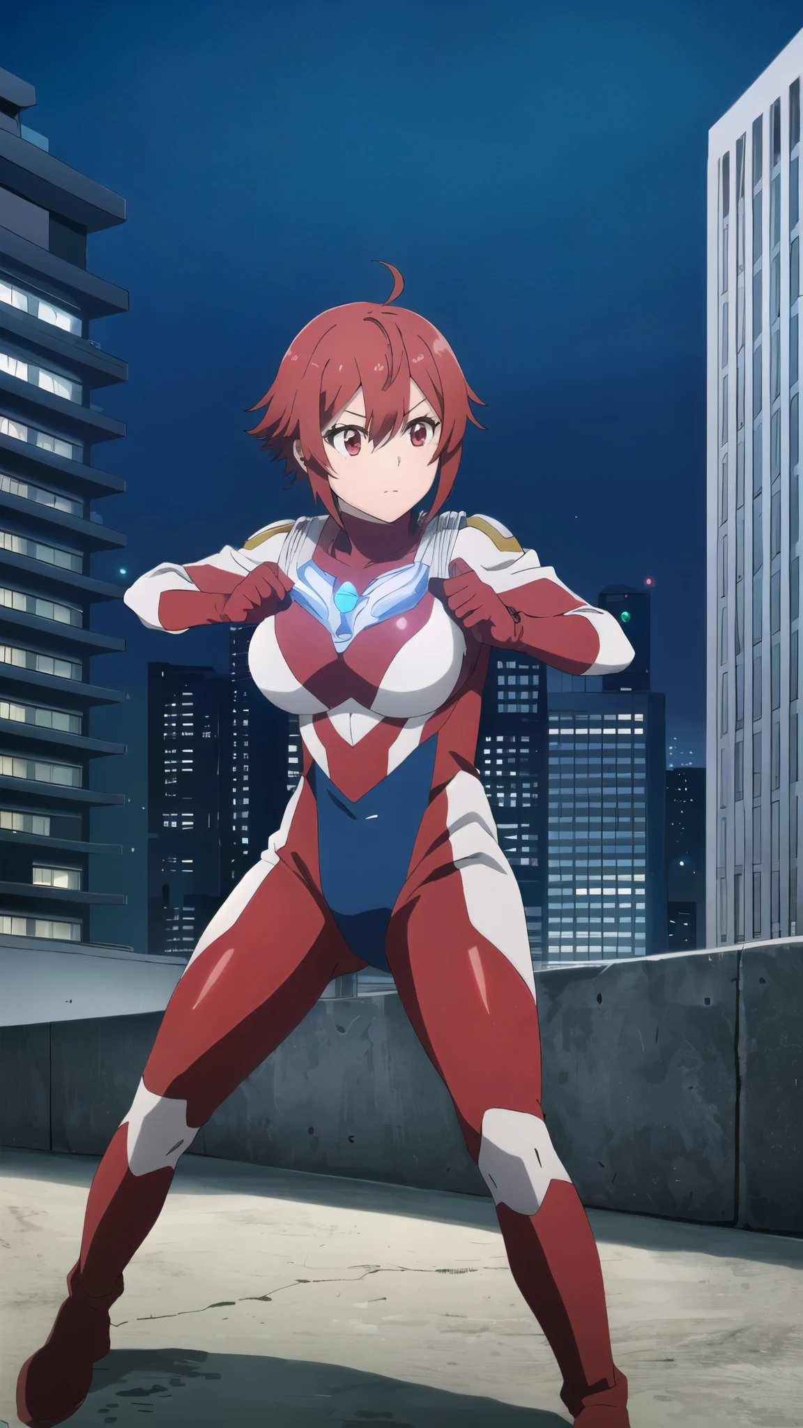 (Highest quality、masterpiece:1.2),Detailed face,Beautiful Face,(fine grain, Deep Eyes),One Girl,input, Redhead, Red eyes, short hair, Hair between the eyes, bangs, Large Breasts ,View your audience、Combat Stance、Ultraman bodysuit、Hero Suit,Tight Suit,(building:1.2)、Night view