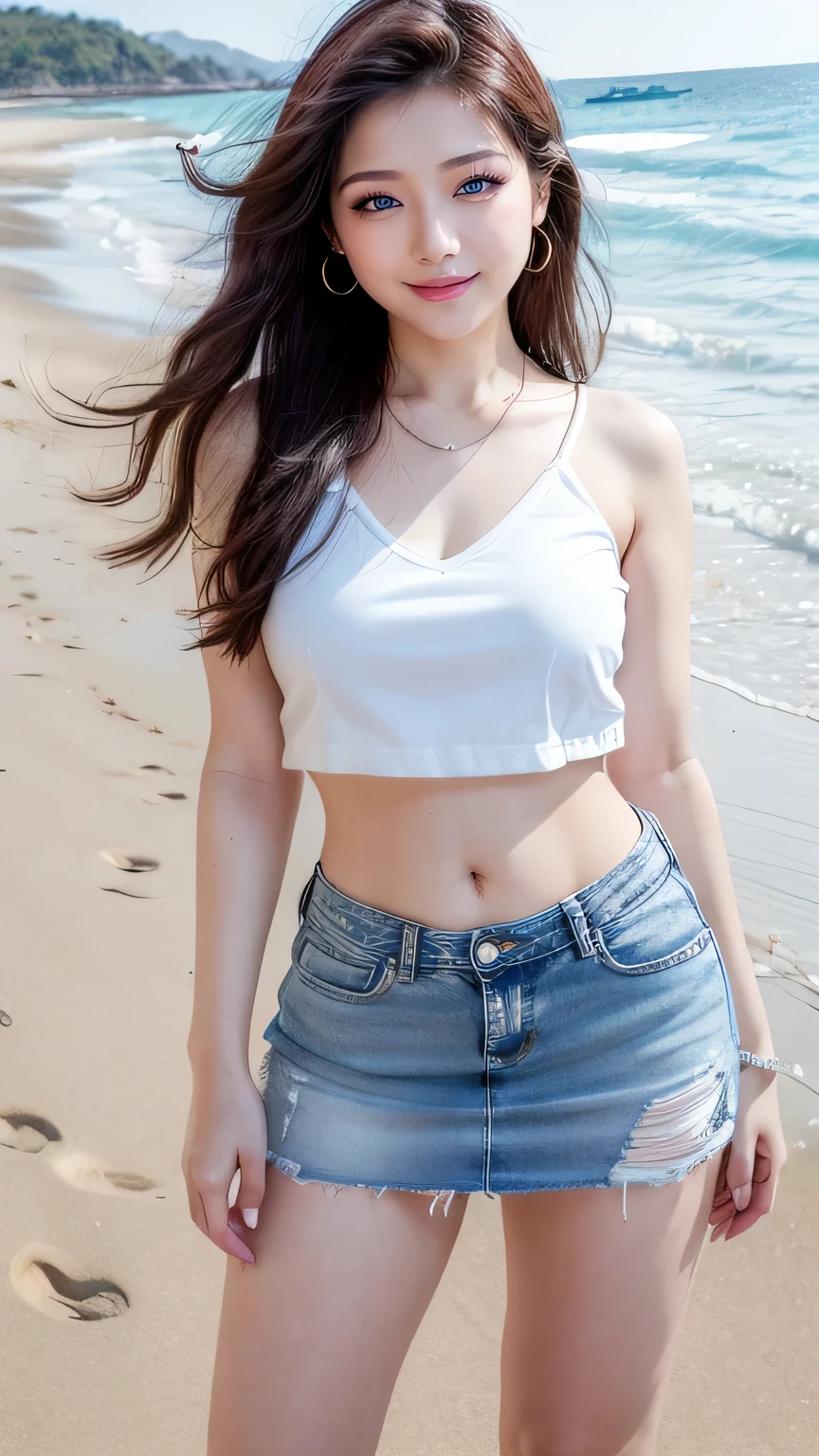 (High resolution photo, bust, 1 girl, 28 years old, woman, facial details, baby fat, waist accessories, smile, showing less teeth, white skin, full body, office outfit with mini denim skirt, model pose, at the beach)