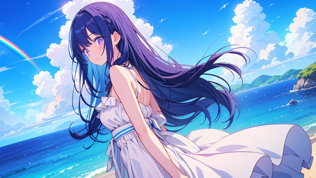 Navy Blue Hair、Purple Eyes、Long Hair、White Dress、summer、blue sky、rainbow、mysterious
