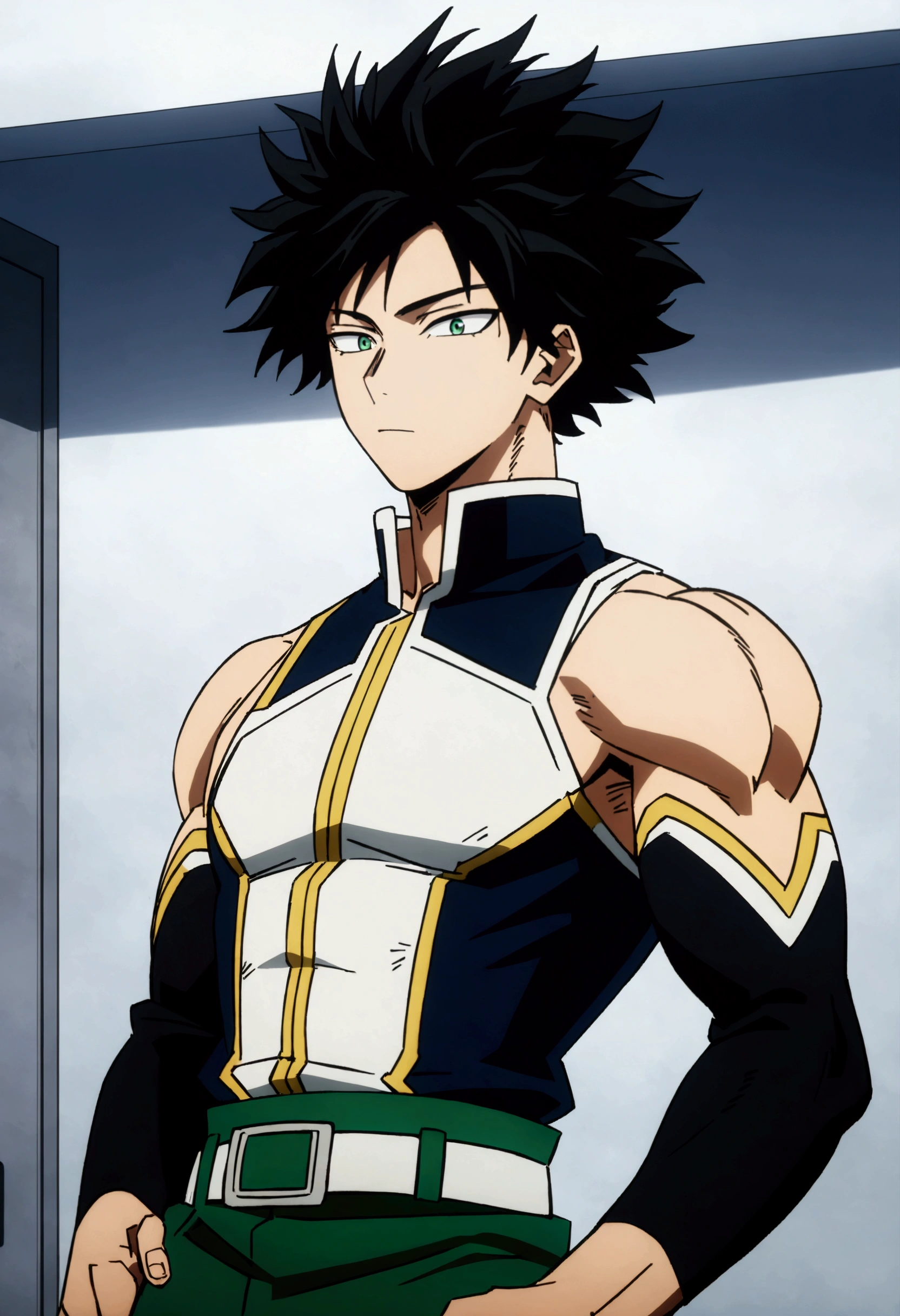 He is a 16 year old teenager, , He has slightly disheveled very black hair..., somewhat light green eyes, , muscular body , anime art slyle my hero academy , sexy face, He is dressed in the anime uniform "my hero academia",  , 8k, high quality, masterpiece, , cinematic, vivid colors, shining green eyes 