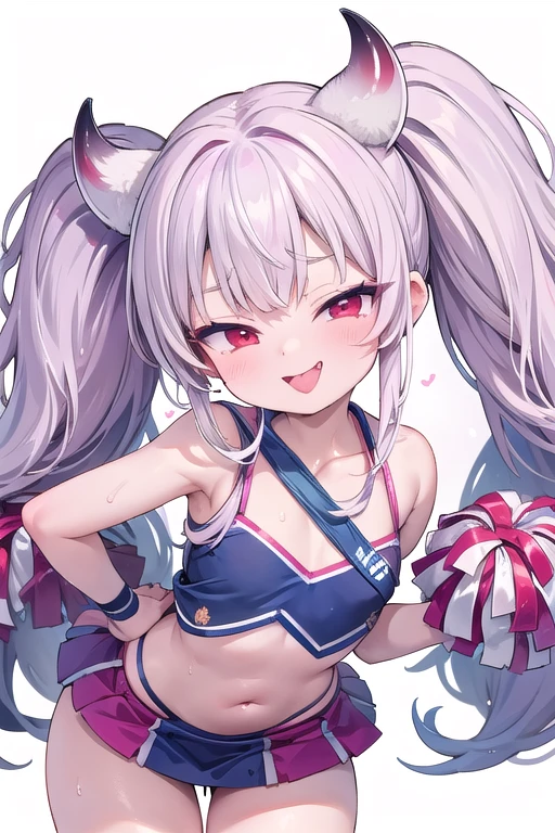 独奏,cheerleader with Cheerleader's pom-poms ,wearing a pink cheerleading uniform, gymnasium、Whole body、(looking back over their shoulder), Young face、long silver Hair、long Twin tails、Spoiled brat、Immature body、（Small breasts）、smile、Sweat、（Thick thighs:1.5)、（little demon horns and tail）、red  eyes、Backwards、looking at viewer、Open mouth、double teeth、fang、blushing and sticking out her cute tongue, tongue out、sensational、Back view, Character portrait, （gymnasium）、whole body