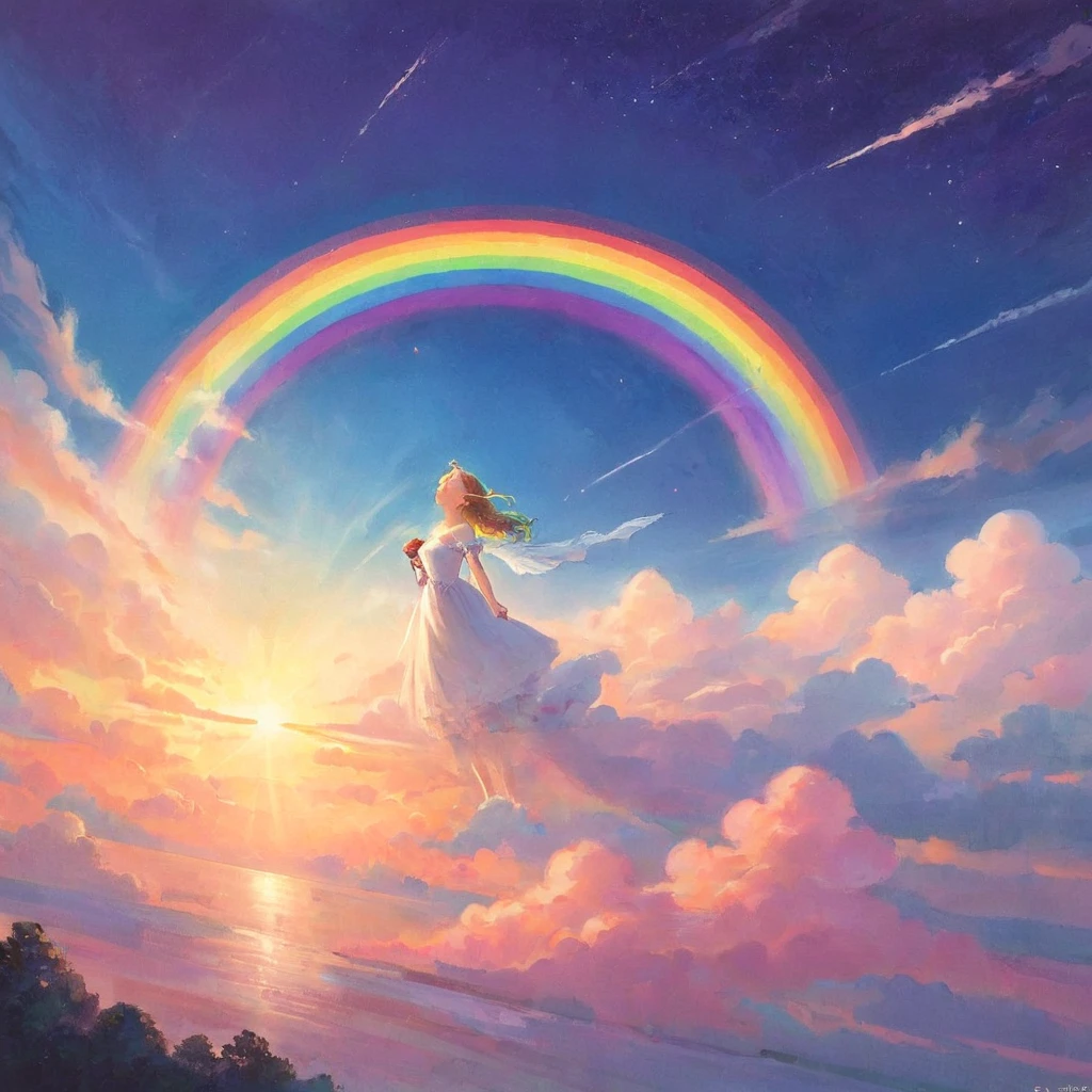 A stunningly ethereal woman, composed of a dazzling array of rainbow hues, reclines gracefully at the end of a radiant rainbow amidst the fluffy clouds in the sky. Bathed in dynamic and enchanting lighting, accentuates her vibrant, full-bodied form. Fantasy art. Masterpiece 