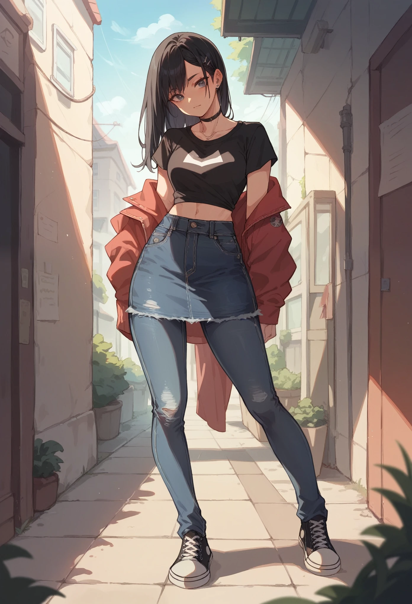 Long Black hair, black crop top, jeans skirt, tights, black converse