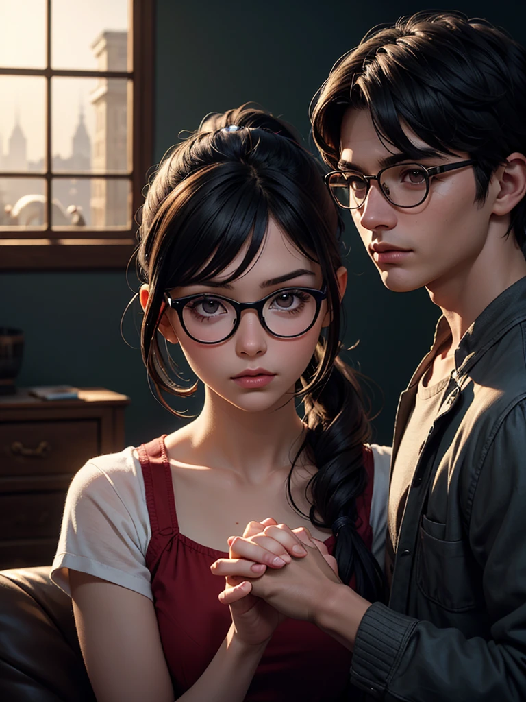 a beautiful young girl and boy holding hands, boy with square spectacles, short black hair, small black eyes and slim face, girl with long ponytail, dark brown hair, dark brown eyes, circle face shape, highly detailed, hyper realistic, , masterpiece, photorealistic, professional lighting, vivid colors, cinematic, moody atmosphere, warm tones, volumetric lighting, photorealistic skin and hair textures, beautiful background scenery, romantic aesthetic, 1024 resolution