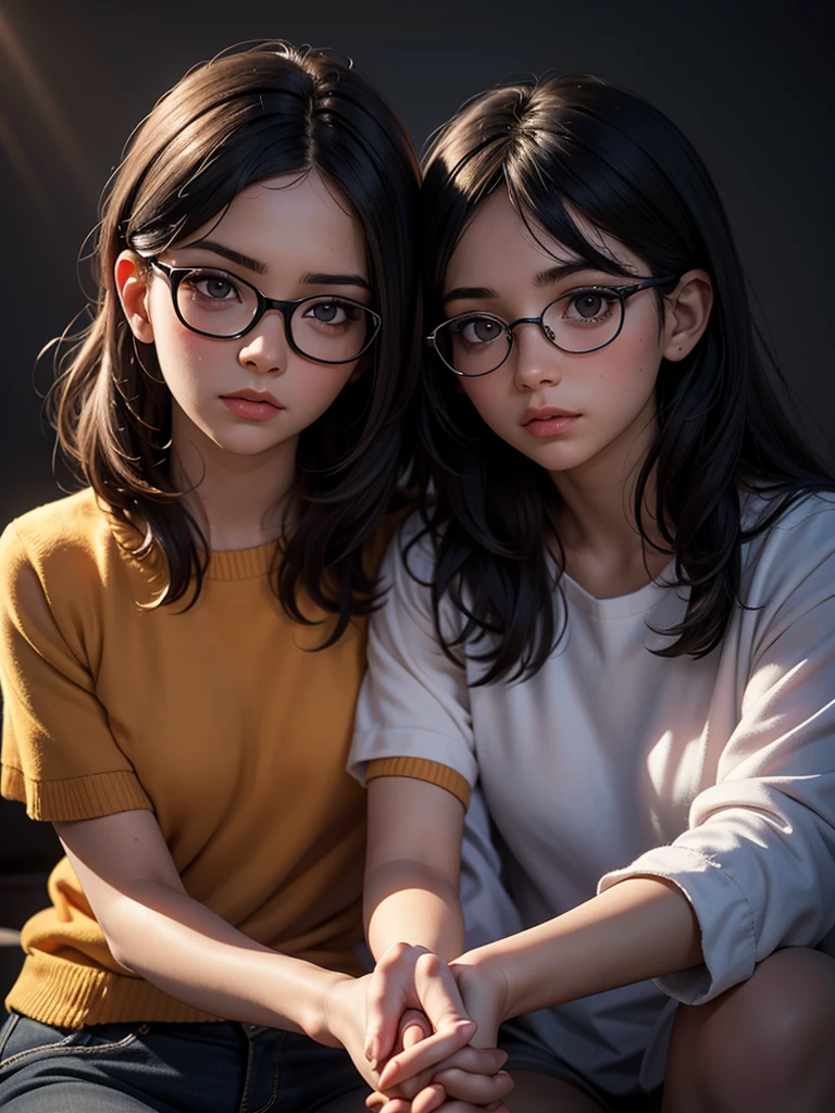 a beautiful young girl and boy holding hands, boy with square spectacles, short black hair, small black eyes and slim face, girl with long ponytail, dark brown hair, dark brown eyes, circle face shape, highly detailed, hyper realistic, , masterpiece, photorealistic, professional lighting, vivid colors, cinematic, moody atmosphere, warm tones, volumetric lighting, photorealistic skin and hair textures, beautiful background scenery, romantic aesthetic, 1024 resolution