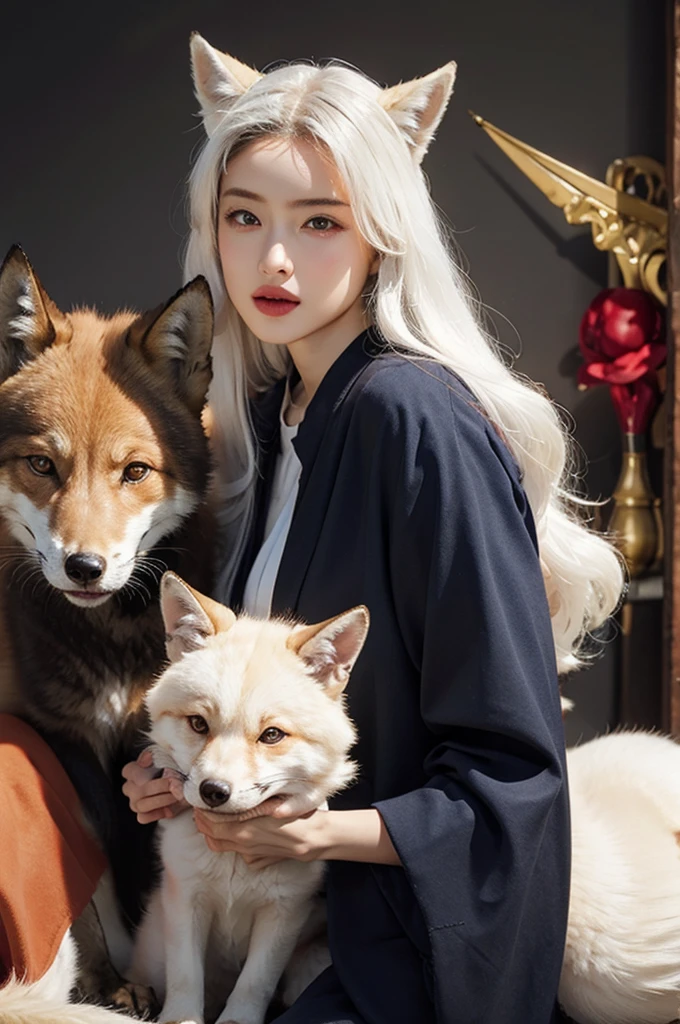 Red-eyed beauty takes a photo with a white giant fox, harpoon,White hair,Face to Face, Ultra-realistic, Clear images