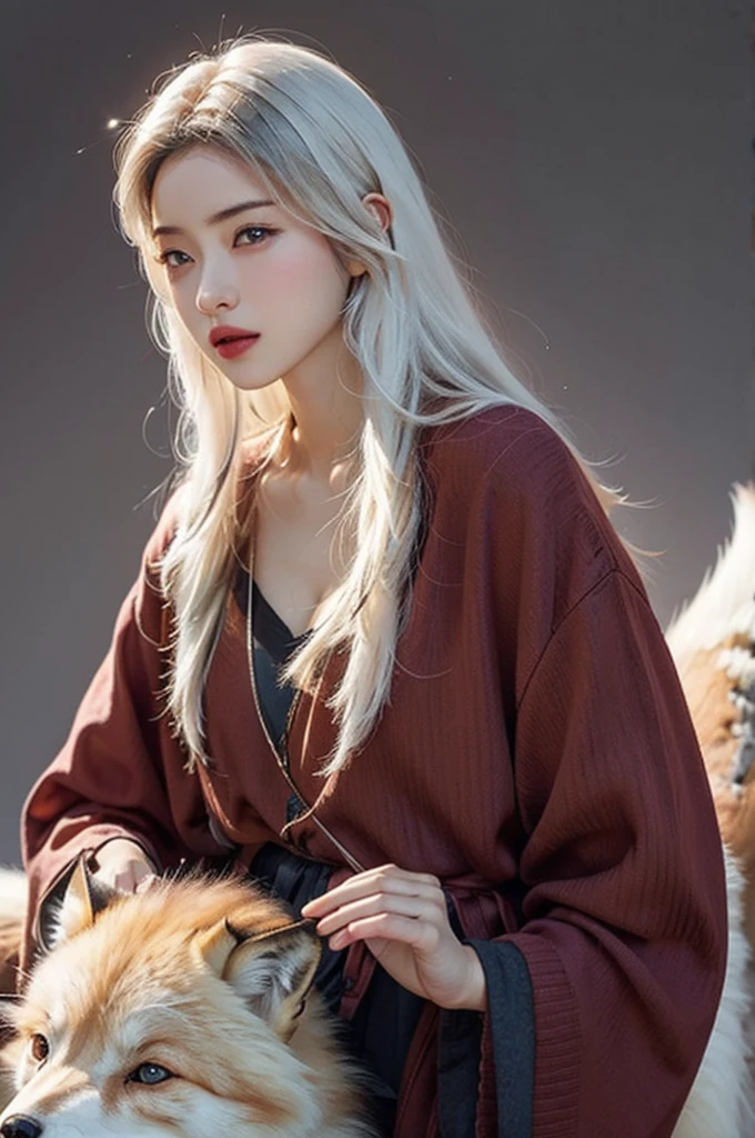 Red-eyed beauty takes a photo with a white giant fox, harpoon,White hair,Face to Face, Ultra-realistic, Clear images