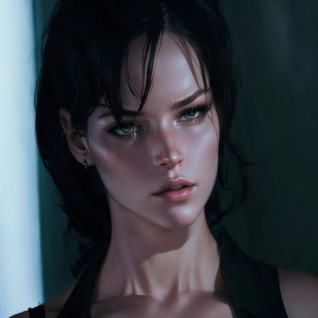 A closeup of a woman in a black top and a black bra, intense combustion, Jennifer Lawrence film, Vesper Lynd do Cassino Royale, glamorous jill valentine, trinity from the matrix, & your expression is solemn, Milla Jovovich, æon flux style mix, style is a mix of æon flow