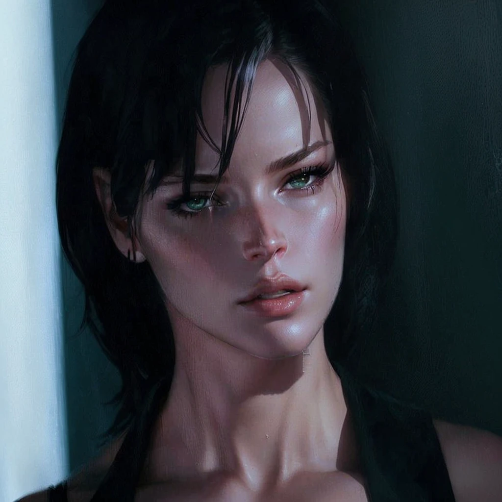 A closeup of a woman in a black top and a black bra, intense combustion, Jennifer Lawrence film, Vesper Lynd do Cassino Royale, glamorous jill valentine, trinity from the matrix, & your expression is solemn, Milla Jovovich, æon flux style mix, style is a mix of æon flow