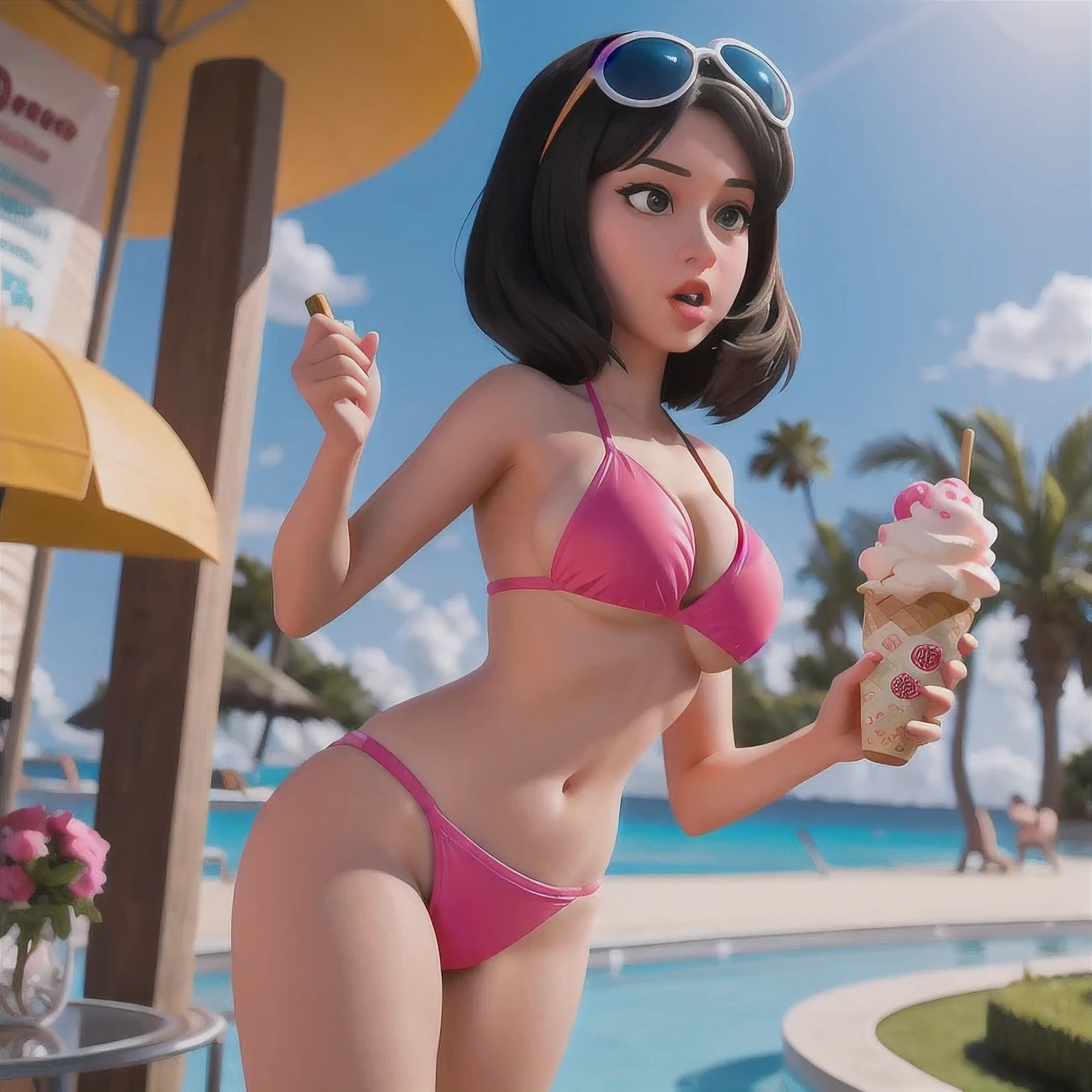 araffe1 girl in a bikini eating an ice cream cone, eating ice cream, in a bikini, angela white, giorgia meloni, katy perry, in bikini, eating ice - cream, wearing spandex bikini, ice cream on the side, bikini, ice cream, wearing a bikini, candid photo of dirty, shiny plastic bikini, candid shot, cone, 1 girl, solo,in a green dress standing by a wall,portrait of female idol,