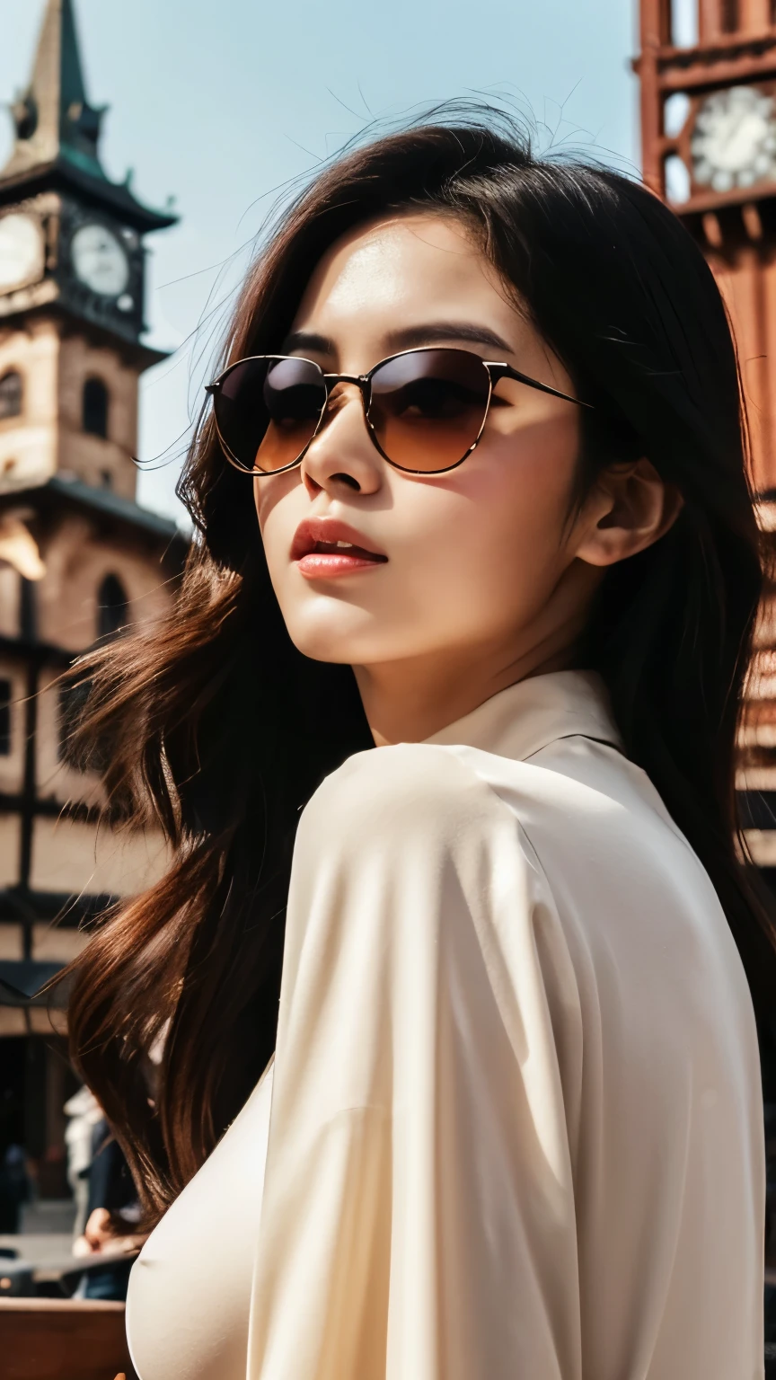 extreme close-up of beautiful beautiful korean female, 34 inch breasts size, wearing long sleeve shirt, sunglasses, standing in front of the clock tower,  cinematic scene, UHD 