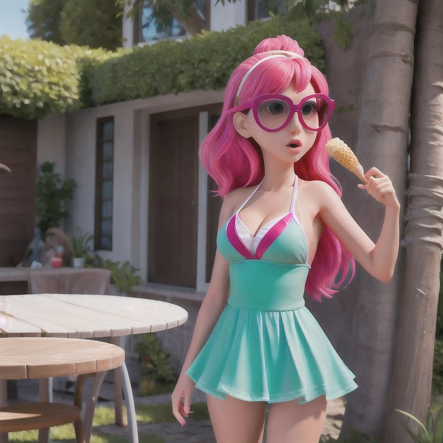 araffe1 girl in a bikini eating an ice cream cone, eating ice cream, in a bikini, angela white, giorgia meloni, katy perry, in bikini, eating ice - cream, wearing spandex bikini, ice cream on the side, bikini, ice cream, wearing a bikini, candid photo of dirty, shiny plastic bikini, candid shot, cone, 1 girl, solo，in a green dress standing by a wall,portrait of female idol,