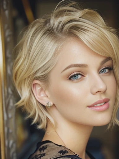 blonde woman with green eyes and a black top posing for a picture, blonde short hair, blonde and attractive features, short blonde hair, short blond hair, blonde hair and green eyes, blonde hair green eyes, short wavy blond hair, a gorgeous blonde, short curly blonde haired girl, a girl with blonde hair, short hair with gel, beautiful face and flawless skin