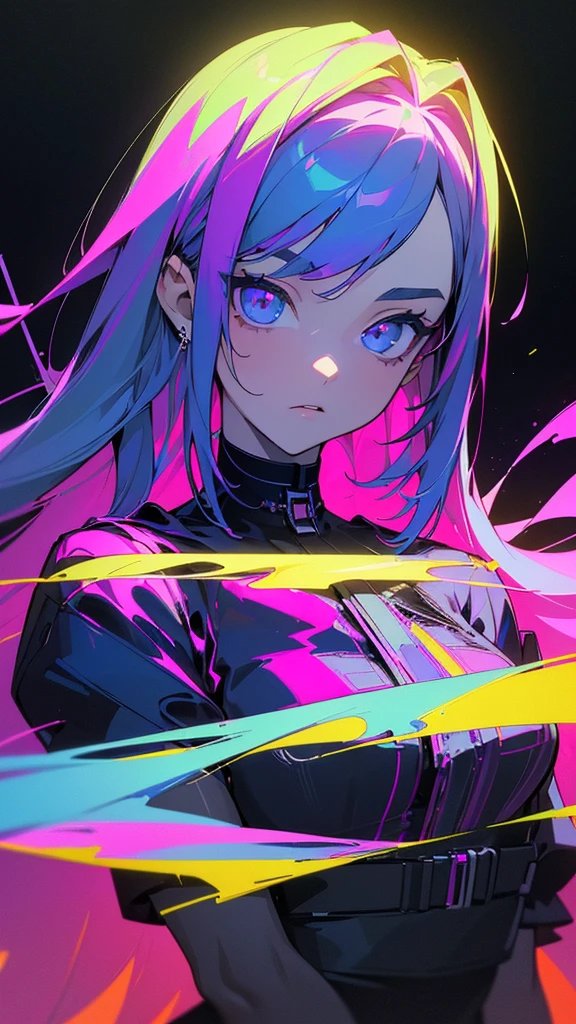 (front focus),(in the dark:1.6),, (masterpiece, top quality, best, official art, beautiful and aesthetic:1.2),(masterpiece, top quality, best quality, official art, beautiful and aesthetic:1.2),(masterpiece, top quality, best quality, official art, beautiful and aesthetic:1.2), 1girl, glitch art, (digital distortion), pixelated fragments, data corruption,colorful noise, visual chaos,contemporary aesthetics