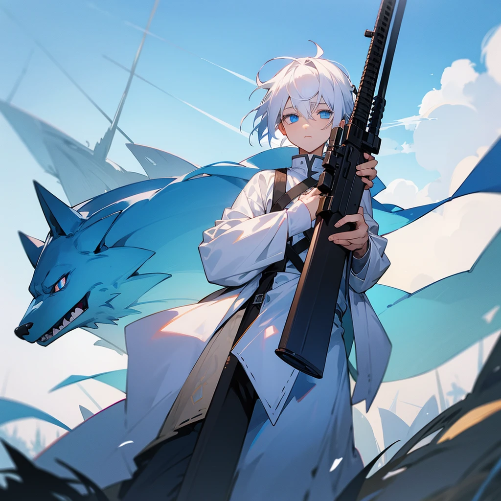 White hair-blue eyes boy , shooting up, magical beast assault rifle ,forest, blue sky 