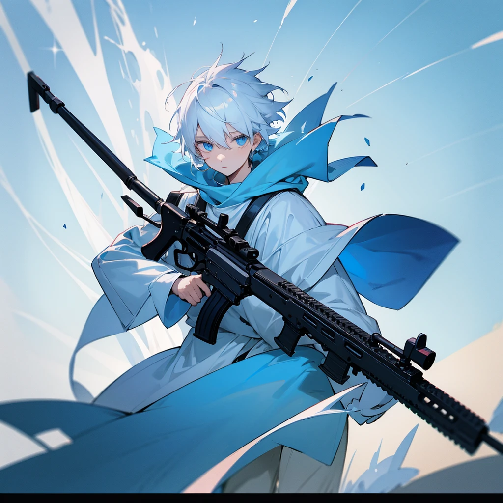 White hair-blue eyes boy , shooting up, magical beast assault rifle ,forest, blue sky