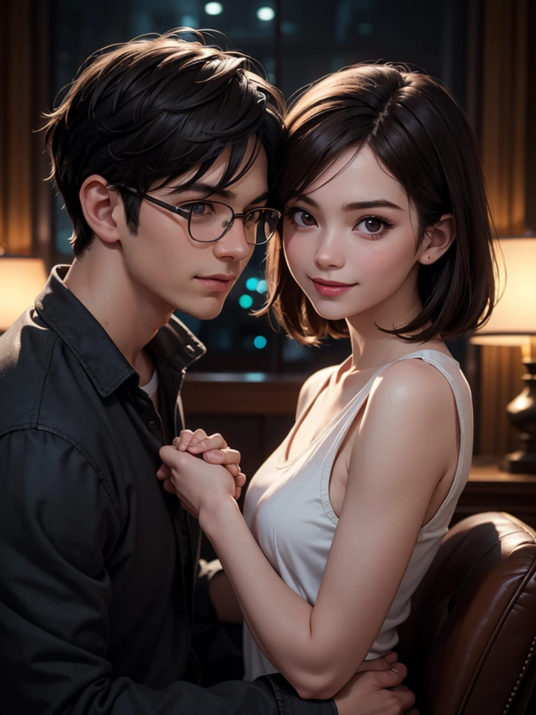 a beautiful young girl and boy holding hands amd having an eye contact and smiling , boy with square spectacles, short black hair, small black eyes and slim face.Beautiful girl with open hair , brown hair, dark brown eyes, circle face shape, highly detailed, hyper realistic, , masterpiece, photorealistic, professional lighting, vivid colors, cinematic, moody atmosphere, warm tones, volumetric lighting, photorealistic skin and hair textures, beautiful background scenery, romantic aesthetic, 1024 resolution