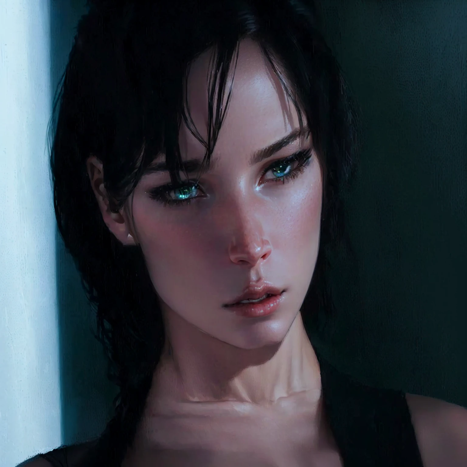 a close up of a woman with a black top and a black bra, intense smoldering, cinematic jennifer lawrence, vesper lynd from casino royale, glamorous jill valentine, trinity from the matrix, & her expression is solemn, milla jovovich, style mix of æon flux, style is a blend of æon flux