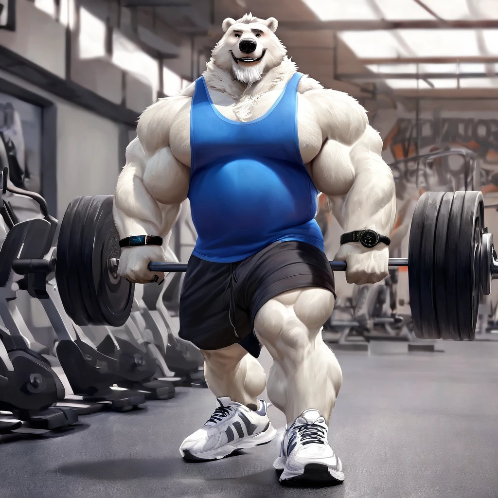 huge muscular polar bear in L.A. Bodyworks Gym, big smile, polar bear, huge white fur, thick arm, huge arm, white mustache, bearded white. white hair and beard, bearded, (muscular, pectoral, wide pectoral, thick arms), realistic, 8k, masterpiece, deatiled eyes, (wearing black shorts, wristband, watch, blue tank top and white shoes), post-workout, bouncing his pecs