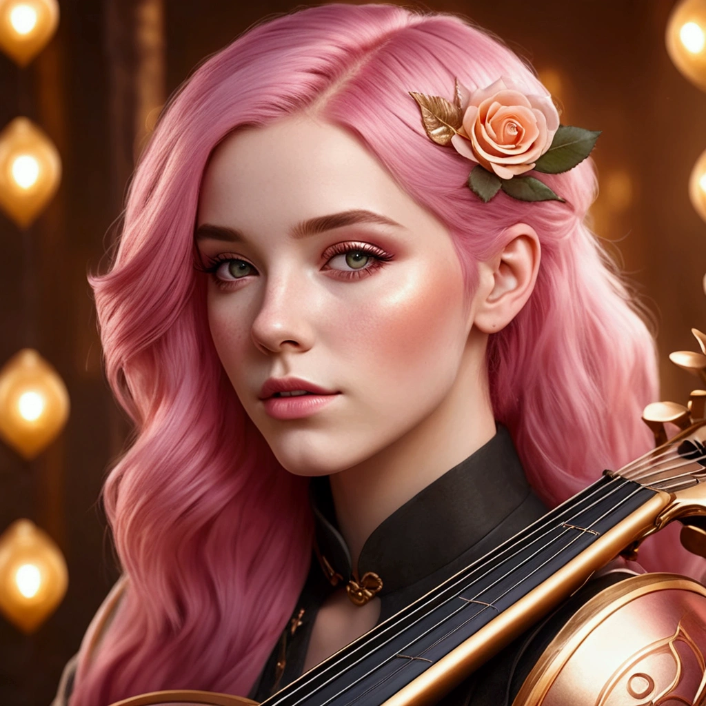 Fair skinned pink haired female bard pink gold rose gold color theme Realistic Photo