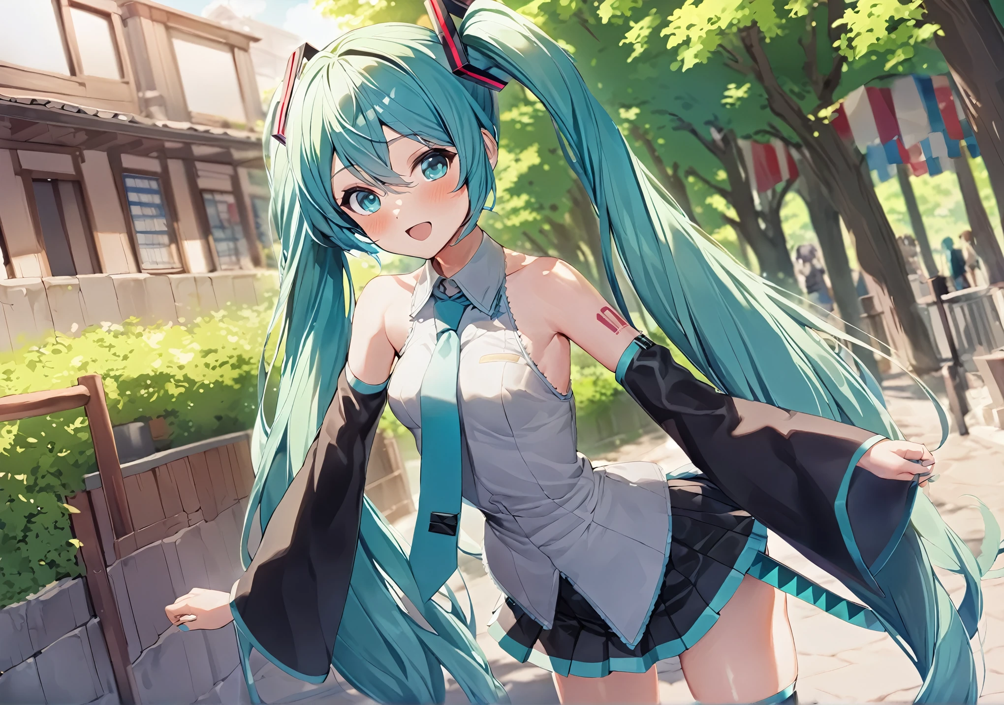 masterpiece, best quality,1 Girl,Hatsune Miku,Light green hair, Aqua eyes, Long hair, Double tail, Gradient hair, Bare shoulders,Black skirt,Blue tie,Separate sleeves,Small Breasts,Grey shirt,Long sleeve,mini skirt,Pleated Skirt, High Leg Raise, Happy,outdoor,Shiny clothes,Looking at the audience
