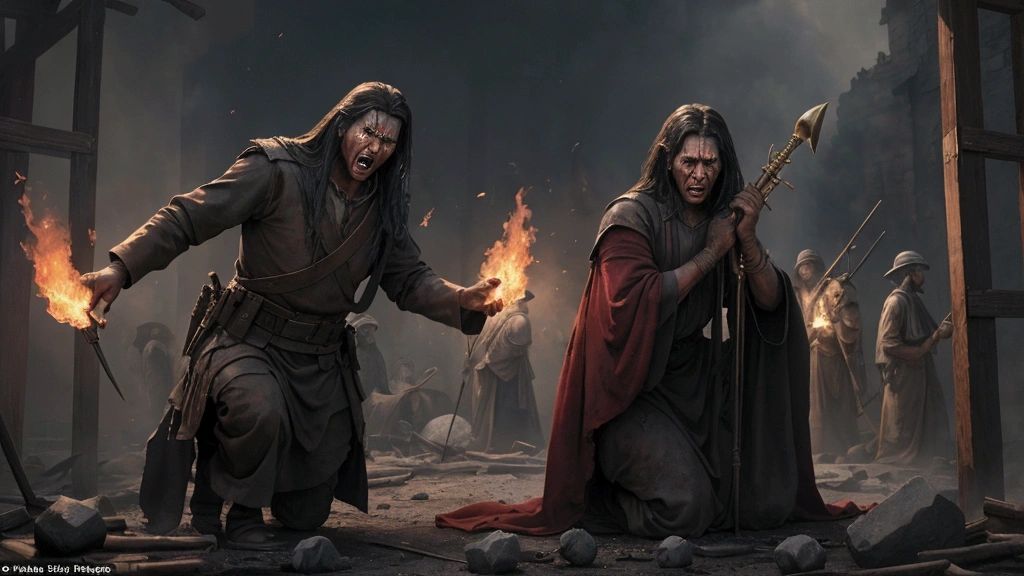 "Description: Create a dramatic scene depicting the trials and tribulations that will precede the end times, as described in the prophetic books. Show the suffering and chaos that will occur before the final victory of good over evil.
Details: Use a dark and intense color palette with blacks, reds, and grays to convey the severity of the trials. Include elements such as:
Natural Disasters: Scenes of earthquakes, fires, and other calamities from Revelation’s trumpets and bowls.
Conflict and Persecution: Depictions of wars, famines, and persecutions from Daniel’s and Revelation’s prophecies.
Suffering: Individuals experiencing hardship and turmoil, reflecting the trials that will precede the end.
Show expressions of anguish and determination on the faces of those enduring these trials, highlighting the severity and impact of the tribulations."