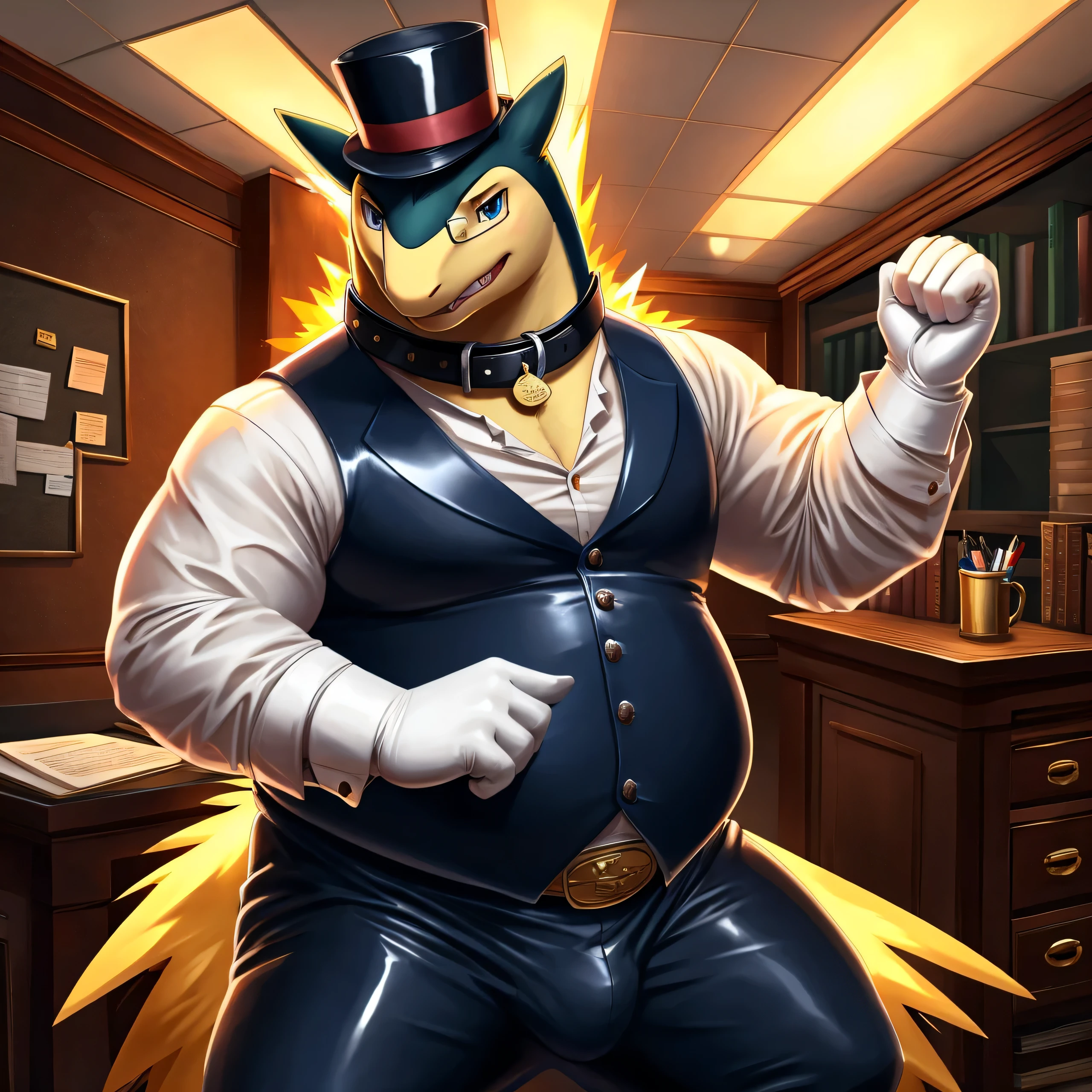 Solo, Male, fat, extremely obese, gentleman, dapper Professor Typhlosion, blue eyes, (posing:1.3), (soft shading), 4k, hi res, ((detailed face, detailed)), looking at viewer, mouth wide open, steampunk, dapper clothing, collared shirt with buttons, top hat, male focus, Explorer Outfit, glasses, monocle, vest with buttons, sleeves rolled up, round eyewear, brown headwear, brown vest, office, Typhlosion is wearing a glossy leather dog collar around the neck, Typhlosion is wearing the leather collar and shirt and vest at the same time, Typhlosion is wearing glossy white rubber gloves on the hands, wearing white rubber gloves on the feet, gloves are rubber in texture, clenching teeth, clenching fists, leather collar is glossy and shiny with a lot of detail, Typhlosion is wearing gloves and leather collar at the same time, leather collar has a round dog-tag, leather collar is thick and detailed, leather collar is glossy and shiny, fancy clothing, dapper vest, dapper shirt, leather collar is thick, glossy leather collar.