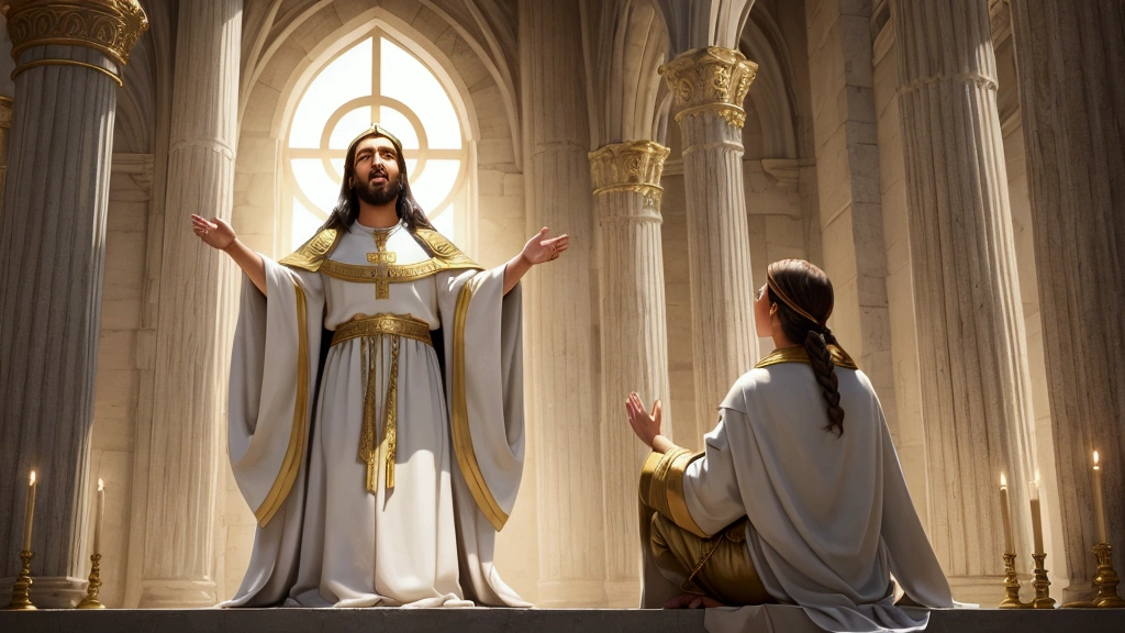 "Description: Illustrate a scene offering hope and comfort to the faithful amidst the trials and tribulations. Show a vision of redemption and the promise of a renewed and glorious future for those who remain steadfast.
Details: Use a serene and uplifting color palette with soft blues, golds, and whites to convey a sense of hope and renewal. Include elements such as:
Divine Promise: A depiction of a peaceful and restored world, with imagery of the new Jerusalem or the new temple from Ezekiel’s vision.
Faithful: Scenes of believers experiencing divine comfort and assurance, gathered in worship or community.
Triumphant Good: Symbols of victory and triumph, such as a radiant Christ or angelic figures heralding the new era.
Show expressions of relief, joy, and peace on the faces of the faithful, highlighting the hope and assurance provided by the prophetic promises of redemption and divine victory."