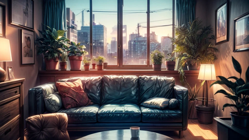 a lofi hip hop scene, a person sitting on a couch listening to music, a sunset through the window, potted plants, warm lighting, film grain, nostalgic, cozy, (best quality,4k,8k,highres,masterpiece:1.2),ultra-detailed,(realistic,photorealistic,photo-realistic:1.37),warm colors, soft focus, cinematic lighting