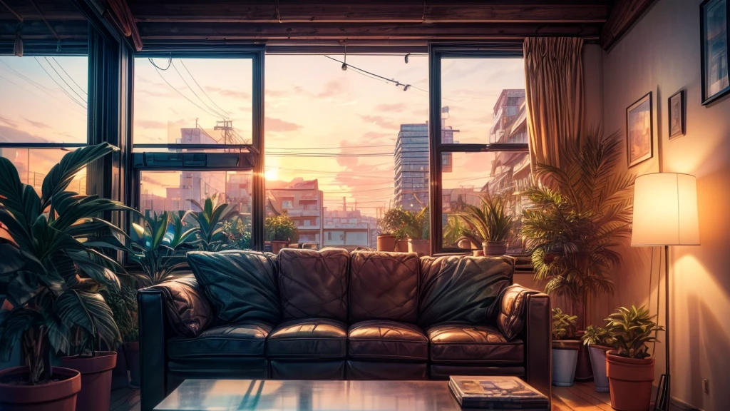 a lofi hip hop scene, a person sitting on a couch listening to music, a sunset through the window, potted plants, warm lighting, film grain, nostalgic, cozy, (best quality,4k,8k,highres,masterpiece:1.2),ultra-detailed,(realistic,photorealistic,photo-realistic:1.37),warm colors, soft focus, cinematic lighting