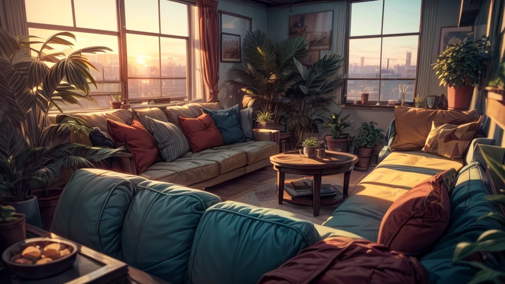 a lofi hip hop scene, a person sitting on a couch listening to music, a sunset through the window, potted plants, warm lighting, film grain, nostalgic, cozy, (best quality,4k,8k,highres,masterpiece:1.2),ultra-detailed,(realistic,photorealistic,photo-realistic:1.37),warm colors, soft focus, cinematic lighting