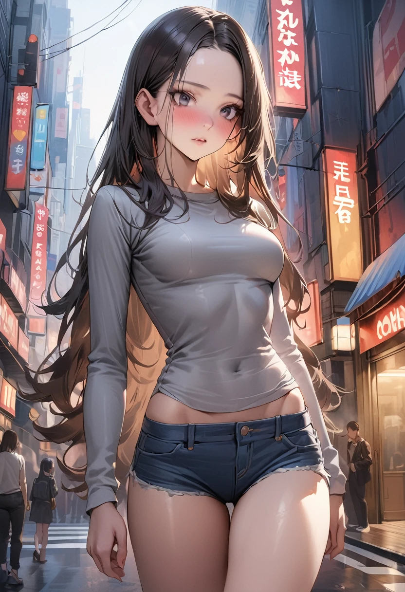 ((masterpiece,Highest quality:1.3,best quality illustration)),realistic,cowboy shot,独奏,1woman,(25 year old beauty),((very small head:1.3)),black hair,long hair,forehead,center parted bangs,black eyes,gorgeous big eyes,blush,((very long body,skinny)),medium breasts,gleaming skin,toned body,slender body,skinny,(Grey long sleeve sweatshirt)、Denim Microshorts、standing,on street,Shinjuku、Tokyo、