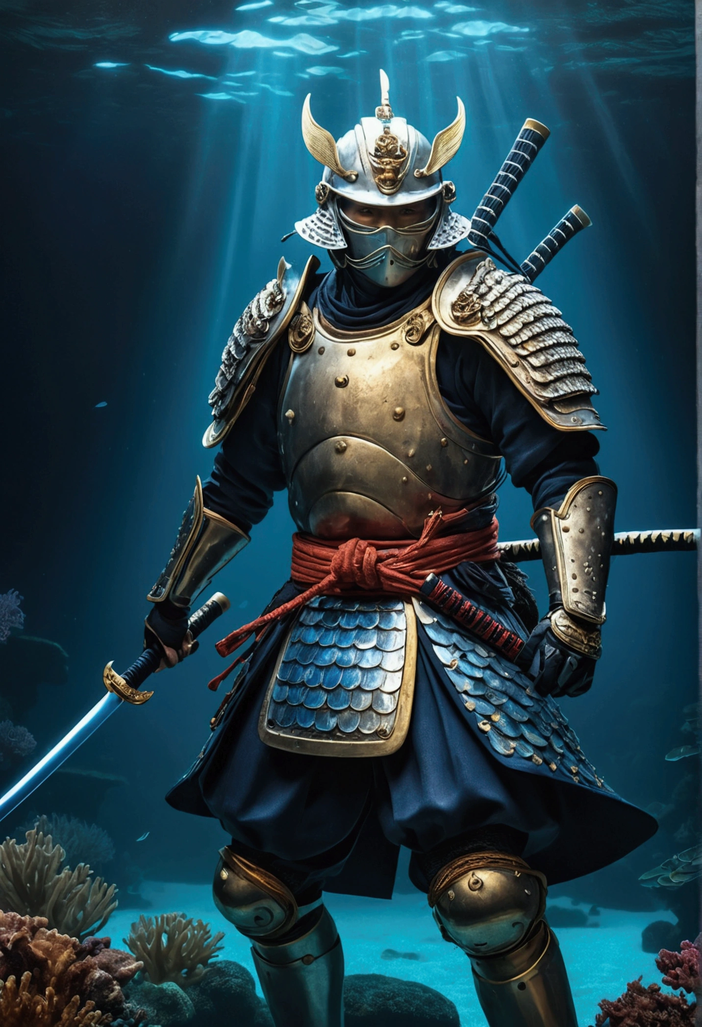 A majestic whitefish samurai, adorned in traditional yet surrealistic samurai armor, intricately designed with detailed fish scales that shimmer under the dramatic lighting. He holds a glowing blue katana, which casts an ethereal light around him, creating a mesmerizing contrast with the dark, mysterious ocean bottom. The underwater scene is rich with hyperrealistic and photorealistic details, showcasing the textures of the ocean floor and the vivid colors of the marine life around. The composition is cinematic, with high contrast and vivid colors, highlighting the surreal beauty of the scene. The samurai's skin is also scaled, blending seamlessly with his armor, and his eyes glow faintly, adding to the surreal and otherworldly atmosphere. Every element is meticulously crafted, resulting in a hyper-detailed, masterpiece-quality image in 8k resolution. This surreal, cinematic underwater photo captures the essence of the whitefish samurai in a moment of poised readiness, surrounded by an aura of mystical energy.Render in 8K resolution with HDR, using physical rendering for maximum realism. The image should evoke a sense of wonder and awe, capturing the indomitable spirit. cinematic, epic, dynamic pose, character portrait, concept art, digital painting, artstation quality, trends on Artstation, award-winning, cinematic lighting, volumetric lighting, fog, mist, particles, environmental storytelling.