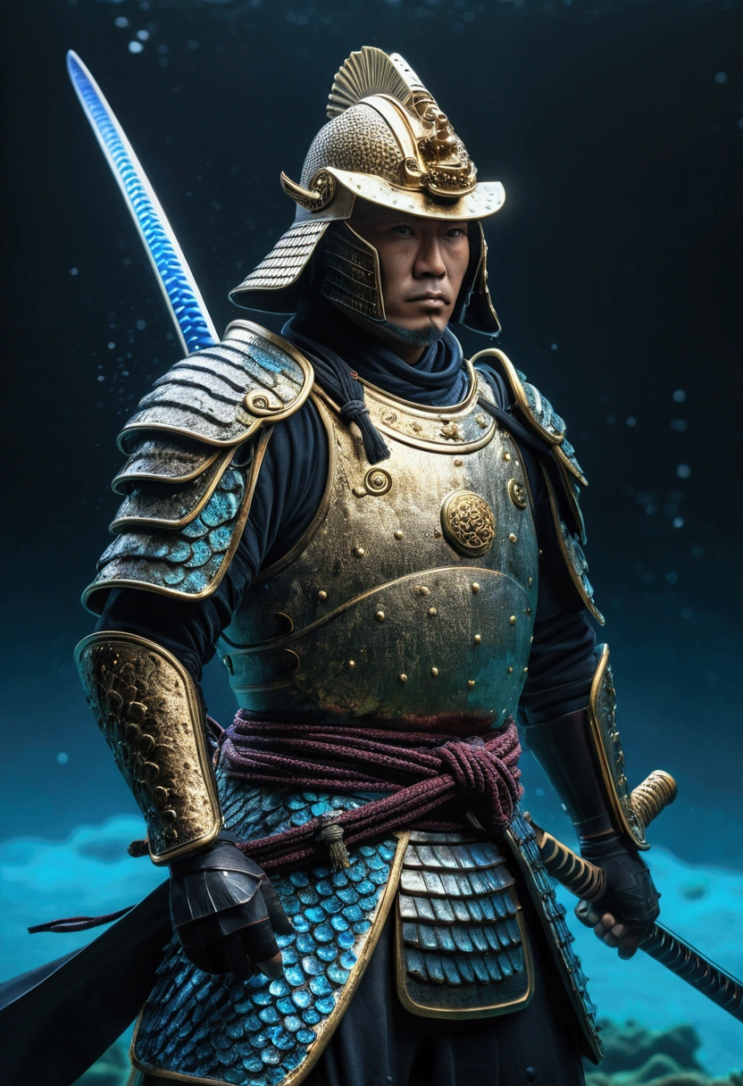 A majestic whitefish samurai, adorned in traditional yet surrealistic samurai armor, intricately designed with detailed fish scales that shimmer under the dramatic lighting. He holds a glowing blue katana, which casts an ethereal light around him, creating a mesmerizing contrast with the dark, mysterious ocean bottom. The underwater scene is rich with hyperrealistic and photorealistic details, showcasing the textures of the ocean floor and the vivid colors of the marine life around. The composition is cinematic, with high contrast and vivid colors, highlighting the surreal beauty of the scene. The samurai's skin is also scaled, blending seamlessly with his armor, and his eyes glow faintly, adding to the surreal and otherworldly atmosphere. Every element is meticulously crafted, resulting in a hyper-detailed, masterpiece-quality image in 8k resolution. This surreal, cinematic underwater photo captures the essence of the whitefish samurai in a moment of poised readiness, surrounded by an aura of mystical energy.Render in 8K resolution with HDR, using physical rendering for maximum realism. The image should evoke a sense of wonder and awe, capturing the indomitable spirit. cinematic, epic, dynamic pose, character portrait, concept art, digital painting, artstation quality, trends on Artstation, award-winning, cinematic lighting, volumetric lighting, fog, mist, particles, environmental storytelling.