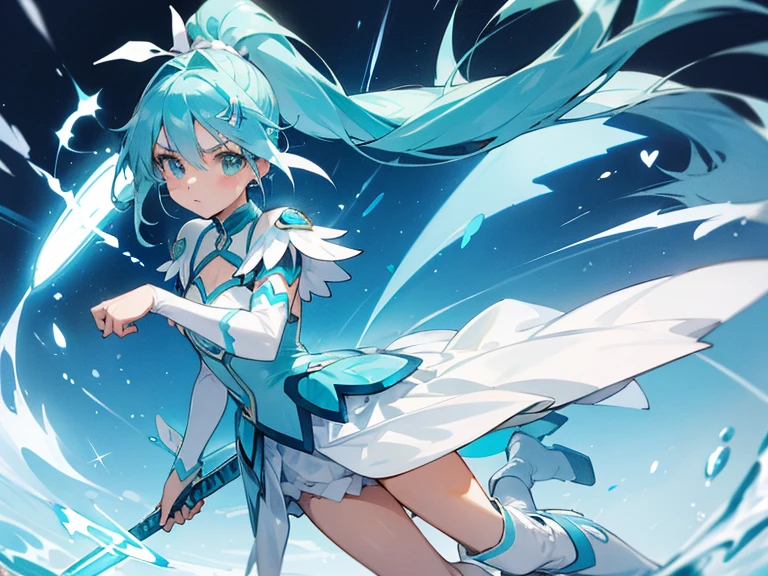 cure aqua(light blue hair, long ponytail, white battle costume, heart decoration on chest, light blue boots), have water sword,