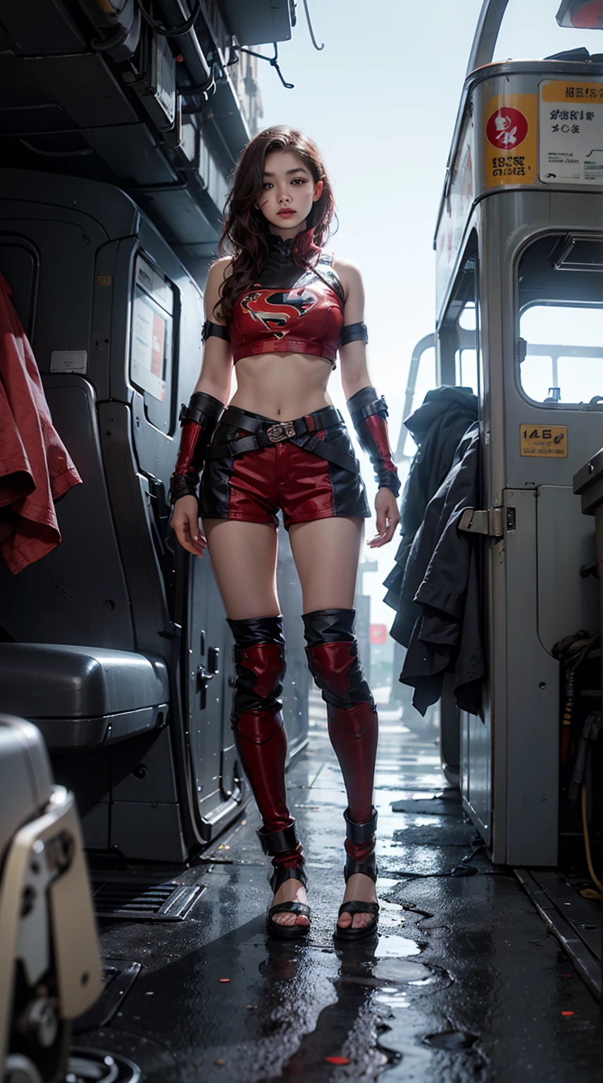 ((Full body shot, standing, feet on the ground)) unreal engine: 1.4, CG K ultra realistic, photorealistic: 1.4, skin texture: 1.4, masterpiece: 1.4, Beautiful woman wearing a sexy Supergirl outfit, red hair, blue eyes, underwear Detailed background, super cyberpunk costume. wide chairs,An apocalyptic city of fire, showing the plane,Minifalda roja,, beautiful thin hands, knee-high gladiator sandals